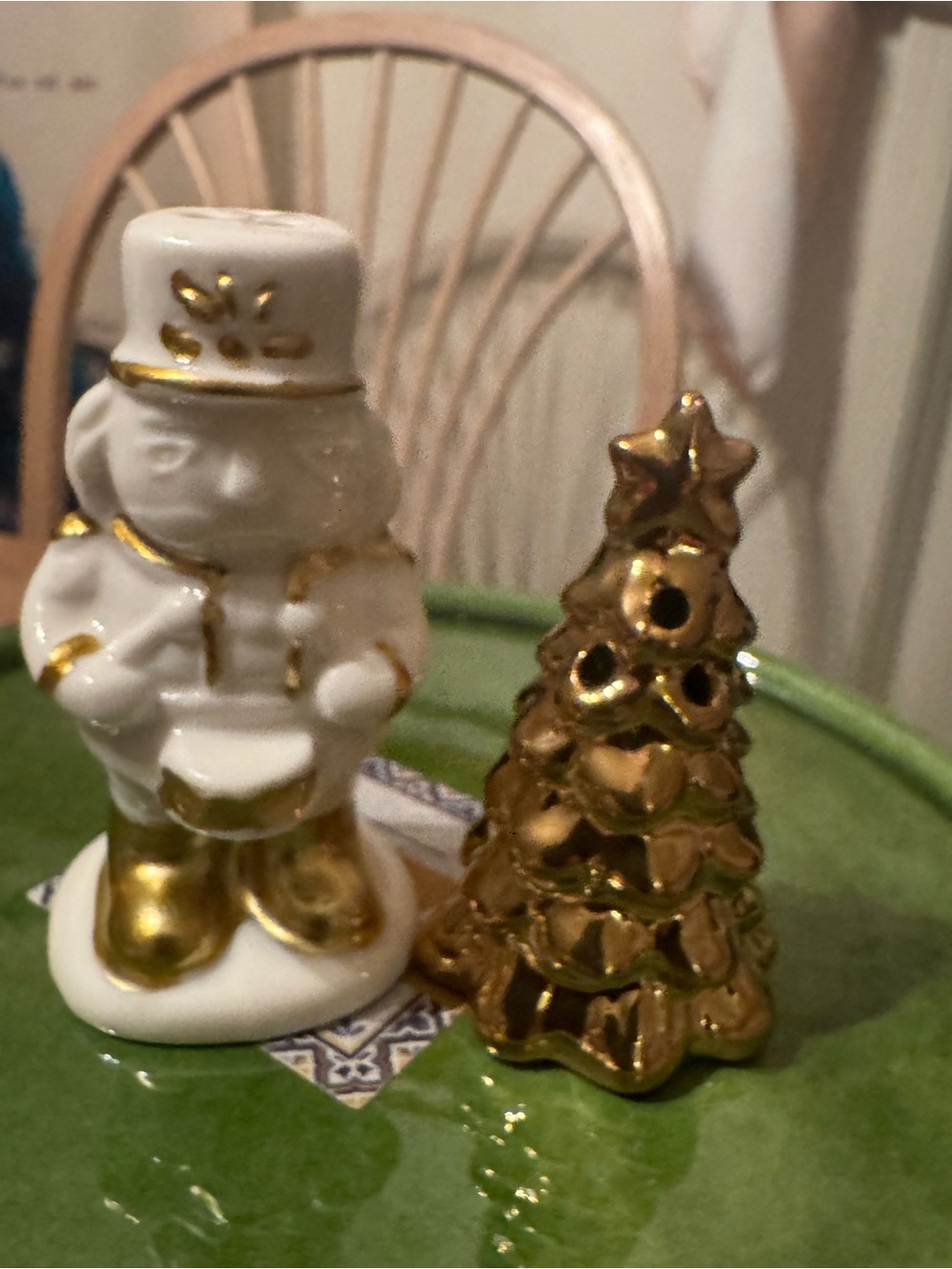 Nutcracker  White and Gold Ceramic Holiday salt pepper  and Christmas Tree